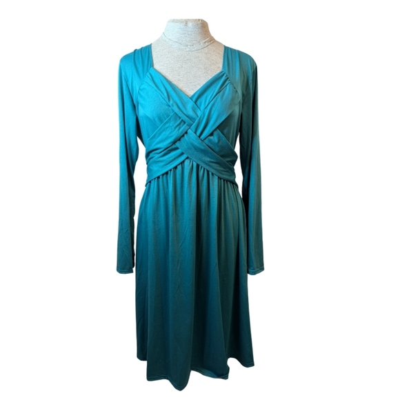 Turquoise 2X crisscross long sleeve retro fit & flare jersey dress NWOT EUC - Picture 1 of 6